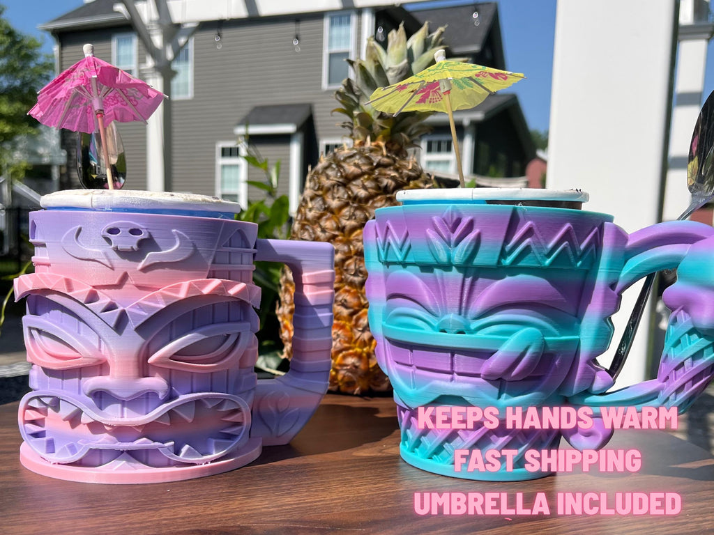 Tiki Ice Cream Pint Holder: Tropical Party Decor with Spoon Slot