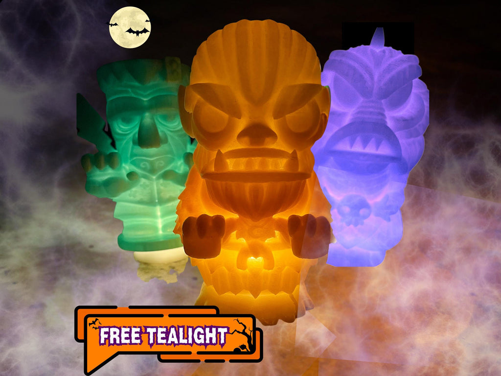 Glowing Monster Tiki Tealight Holder: Halloween Spooky Decor (LED Included)