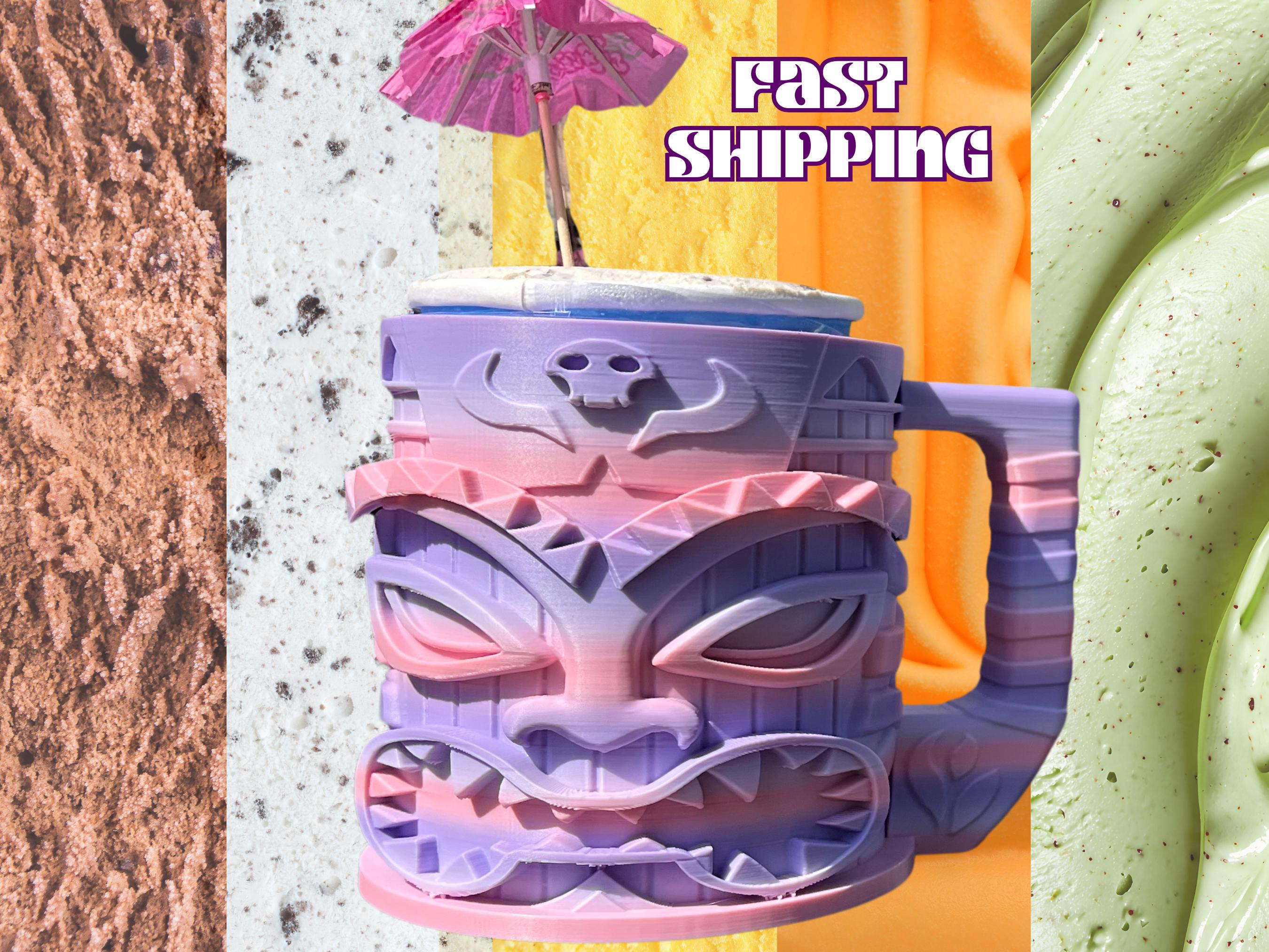 Tiki Ice Cream Pint Holder: Tropical Party Decor with Spoon Slot